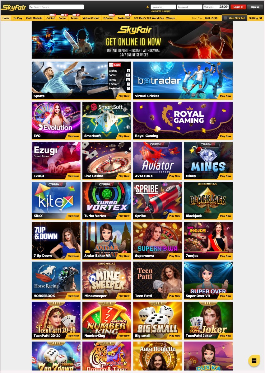 SkyFair Platform – Live Betting Exchange Interface with Cricket, Casino, Teen Patti Games